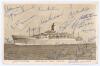 M.C.C. tour of Australia 1954/55. Sepia postcard of ‘R.M.S Orsova’ Orient Line ship which took the M.C.C. team to Australia. Nicely signed in ink to face by all twenty players and officials including Hutton (Captain), May, Simpson, Cowdrey, Tyson, Edrich