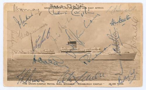 M.C.C. tour of South Africa 1956/57. Rarer sepia postcard of the Union-Castle Line R.M.S. ‘Edinburgh Castle’ which took the team to South Africa. Very nicely signed in ink to card face by nineteen members of the touring party including May (Captain), Comp