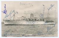 M.C.C. tour of Australia 1958/59. Mono postcard of the P&O ship &lsquo;Iberia&rsquo; which took the team to Australia. Signed to card face by eighteen members of the touring party including May (Captain), Trueman, Watson, Laker, Tyson, Cowdrey, Brown, Statham etc. So