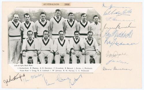 Australian tour of England 1956. Official tour postcard of the team, standing and seated in rows in Australian attire. Loose mounted to card, the card nicely signed by all twelve players featured on the postcard plus J.W. Wilson. Signatures include Johnso