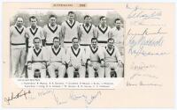 Australian tour of England 1956. Official tour postcard of the team, standing and seated in rows in Australian attire. Loose mounted to card, the card nicely signed by all twelve players featured on the postcard plus J.W. Wilson. Signatures include Johnso
