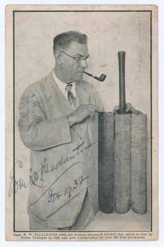 E.W. Ballantyne, South African sports journalist. Mono postcard with Ballantyne depicted three quarter length with pipe in mouth, holding a split and hinged bat. Printed caption below, &lsquo;Capt. E.W. Ballantyne with his famous six-paged Cricket Bat, given to