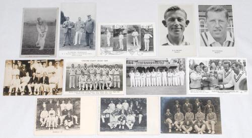 Team and player postcards 1900s-1950s. Twelve mono postcards, the majority real photographs. Includes team postcards of Middlesex c.1901, Wrench Series no. 3283, Nottinghamshire ‘Notts XI’ 1902, Dainty Series, Kent 1923 at Dover (photographer unknown), Yo