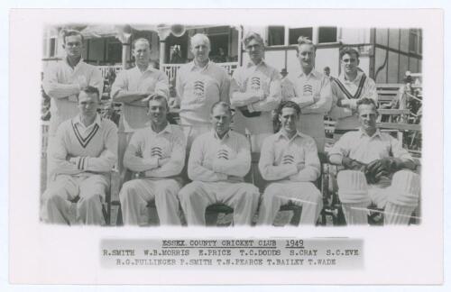 ‘Essex County Cricket Club 1949’. Mono real photograph plain back postcard of the Essex team seated and standing in rows wearing cricket attire. Players’ names printed to lower margin. Official stamp to verso for A. Wilkes & Son, West Bromwich. Postally u