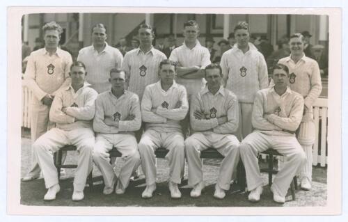 Hampshire C.C.C. 1938. Original mono real photograph postcard of the Hampshire team seated and standing in rows wearing cricket attire. Players’ names to typed label to verso include Paris (Captain), Creese, Pothecary, Boyes, Herman, Arnold, Walker, McCor