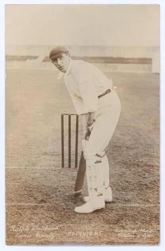 Ralph Whitehead. Lancashire 1908-1914. Sepia real photograph of Whitehead in batting pose, wearing Lancashire cap, in front of the wicket. The postcard by Connard Photo, Ashton Under Lyme. Good condition