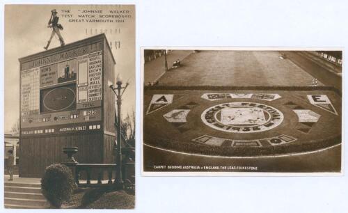 &lsquo;The Johnnie Walker Test Match Scoreboard, Great Yarmouth&rsquo; 1934. Sepia real photograph postcard showing the scoreboard during the second day of the 1st Test at Trent Bridge, Australia 1st innings 374 all out, England 45-1, Sutcliffe28no and Hammond 5 not 