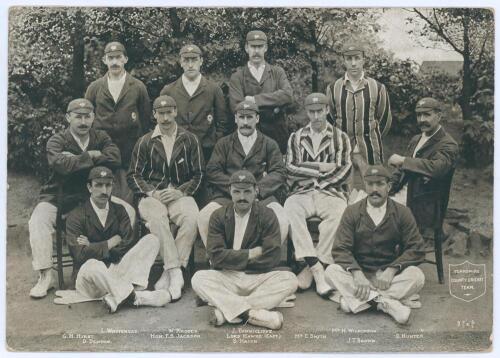 Yorkshire County Cricket Team 1903. Exceptionally large original mono postcard of the team by Delittle, Fenwick & Co., York (The ‘D.F. & Co.’ Series). Titled in white within shield to lower right corner ‘Yorkshire County Cricket Team’ with names of player