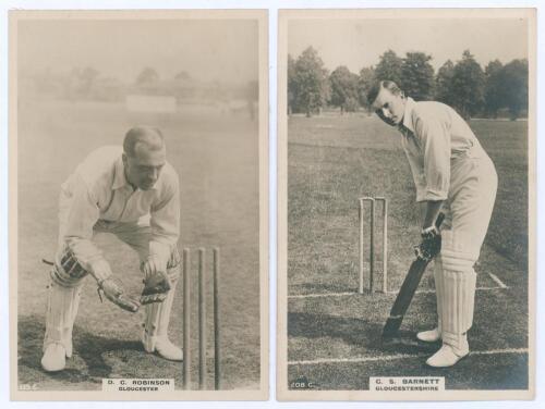 Gloucestershire C.C.C. Two Godfrey Phillips ‘Pinnace’ premium issue cabinet size mono real photograph plain back trade cards of D.C. Robinson (Gloucestershire & Essex 1905-1926) in wicket-keeping pose, no. 135.C., and C.S. Barnett (Gloucestershire 1904-19