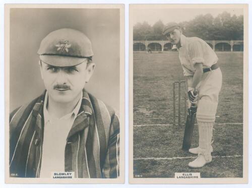 Lancashire C.C.C. Two Godfrey Phillips ‘Pinnace’ premium issue cabinet size mono real photograph plain back trade cards of [B.] Blomley (Lancashire 1903-1922), head and shoulders wearing cap and blazer, no. 151.C, and [W.?] Ellis (Lancashire 1029-1923), f