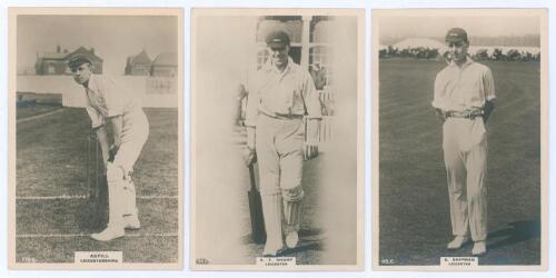 Leicestershire C.C.C. Three Godfrey Phillips ‘Pinnace’ premium issue cabinet size mono real photograph plain back trade cards of [W.E.] Astill (Leicestershire & England 1906-1939) full length in batting pose, no. 106.C., A.T. Sharp (Leicestershire 1908-19