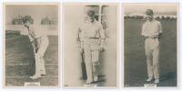 Leicestershire C.C.C. Three Godfrey Phillips &lsquo;Pinnace&rsquo; premium issue cabinet size mono real photograph plain back trade cards of [W.E.] Astill (Leicestershire & England 1906-1939) full length in batting pose, no. 106.C., A.T. Sharp (Leicestershire 1908-19