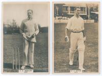 Kent C.C.C. Two Godfrey Phillips &lsquo;Pinnace&rsquo; premium issue cabinet size mono real photograph plain back trade cards of F.E. Woolley (Kent & England 1906-1938) standing full length, ball in hand, no. 25.C, and G.J. Bryan (Kent 1920-1933), full length walking
