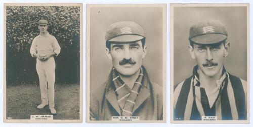 Middlesex C.C.C. Three Godfrey Phillips ‘Pinnace’ premium issue cabinet size mono real photograph plain back trade cards of J.W. Hearne (Middlesex & England 1909-1936), full length wearing cap and holding a ball, no. 48.C, Hon. C.N. Bruce (Oxford Universi