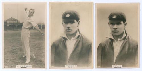 Middlesex C.C.C. Three Godfrey Phillips ‘Pinnace’ premium issue cabinet size mono real photograph plain back trade cards including one of G.T.S. Stevens (Middlesex, Oxford University & England 1919-1932) in bowling pose, no. 155.C. The two others are vari