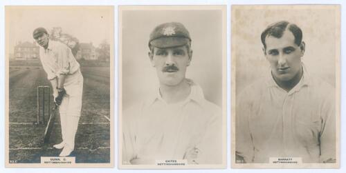 Nottinghamshire C.C.C. Three Godfrey Phillips ‘Pinnace’ premium issue cabinet size mono real photograph plain back trade cards of G. Gunn (Nottinghamshire & England 1902-1932), depicted full length in batting pose, no. 65.C, [T.W.] Oates (Nottinghamshire 