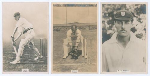 Sussex C.C.C. Three Godfrey Phillips ‘Pinnace’ premium issue cabinet size mono real photograph plain back trade cards of [M.W.] Tate (Sussex & England 1912-1937) in batting pose, no. 82.C, [G.B.] Street (Sussex & England 1909-1923) in wicket-keeping pose,