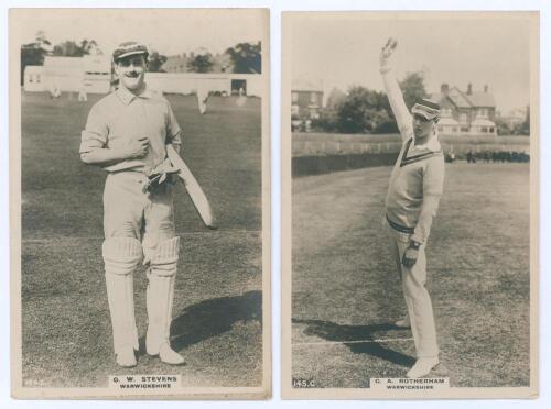 Warwickshire C.C.C. Two Godfrey Phillips ‘Pinnace’ premium issue cabinet size mono real photograph plain back trade cards of G.W. Stephens (Warwickshire 1907-1925, titled ‘G.W. Stevens’), full length in batting attire and cap, no. 144.C, and G.A. Rotherha