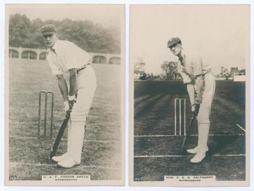 Warwickshire C.C.C. Two Godfrey Phillips ‘Pinnace’ premium issue cabinet size mono real photograph plain back trade cards of F.S.G. Calthorpe (Sussex, Cambridge University, Warwickshire & England 1911-1930), no. 142.C, and C.A.F. Fiddian Green (Warwickshi