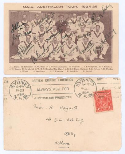 John Lindsay &lsquo;Jack&rsquo; Bryan. Kent & Cambridge University 1919-1932. &lsquo;M.C.C. Australian Tour. 1924-25&rsquo;. Rare sepia printed Christmas postcard of the M.C.C. touring party 1924-25 with title and players&rsquo; names printed to borders. Nicely signed in ink by all ei