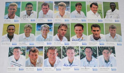 England signed Cornhill Insurance Test Series Cards. Twenty cards, each signed by the featured player. Cards are Series ‘H’ Stewart, DeFreitas, White, Series ‘I’ Fraser, Hick, Illingworth, Malcolm (2 different), Martin, Cork, Mullally, Atherton (2 differe