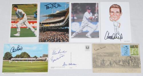 Test cricketers signed postcards. Seven modern colour signed postcards of grounds and players. One of a ‘Panoramic View of Lord’s Cricket Ground’ signed to the verso by Ted Dexter, Alec Bedser, Vanburn Holder and Alvin Kallicharran. Other signed individua