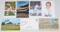 Test cricketers signed postcards. Seven modern colour signed postcards of grounds and players. One of a &lsquo;Panoramic View of Lord&rsquo;s Cricket Ground&rsquo; signed to the verso by Ted Dexter, Alec Bedser, Vanburn Holder and Alvin Kallicharran. Other signed individua