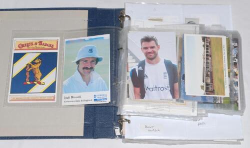 England cricket postcards and collectors cards. Black binder comprising a mixed selection of 100 mainly modern trade and collectors cards, postcards, cigarette cards etc. Collectors card series include Classic Cricket Series and Cornhill Insurance Test Se