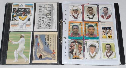 West Indies cricketer postcards and collectors cards. Black binder comprising a mixed selection of approx. 100 modern trade and collectors cards and player postcards. Collectors card series include Classic Cricket Cards, Stimorol, ACB Futera, Butter ‘em U