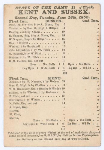 Sussex v. Kent 1850. Early small original single sided printed scorecard with scores showing the &lsquo;State of the Game 1 1/2 o&rsquo;Clock&rsquo; on the second day&rsquo;s play in the match played at C.H. Gausden&rsquo;s (Royal Brunswick) Ground, Hove, 17th- 19th June 1850. The sco