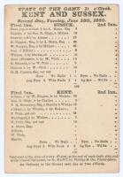 Sussex v. Kent 1850. Early small original single sided printed scorecard with scores showing the &lsquo;State of the Game 1 1/2 o&rsquo;Clock&rsquo; on the second day&rsquo;s play in the match played at C.H. Gausden&rsquo;s (Royal Brunswick) Ground, Hove, 17th- 19th June 1850. The sco