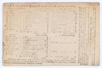 &lsquo;Surrey v. Yorkshire&rsquo; 1851. Early and rare small original single sided scorecard with complete printed scores for the match played at Kennington Oval, 4th & 5th August 1851. Yorkshire elected to bat first and reached 71, the top scorer being George Chatte