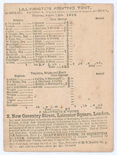 &lsquo;The United All-England Eleven v. Sixteen of Reigate and District&rsquo; 1856. Early small original double sided scorecard with incomplete printed scores for the match played at Park Lane, Reigate, 14th- 16th August 1856. The scorecard lists the complete first 