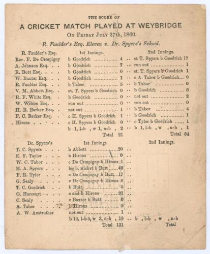 &lsquo;The Score of a Cricket Match Played at Weybridge&rsquo; 1860. &lsquo;R. Faulder&rsquo;s Eleven v. Dr. Spyers&rsquo;s School&rsquo;. Early and rare small original double sided scorecard with complete(?) printed scores for a match played 27th July 1860. No record of the match can be fo