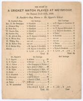 &lsquo;The Score of a Cricket Match Played at Weybridge&rsquo; 1860. &lsquo;R. Faulder&rsquo;s Eleven v. Dr. Spyers&rsquo;s School&rsquo;. Early and rare small original double sided scorecard with complete(?) printed scores for a match played 27th July 1860. No record of the match can be fo