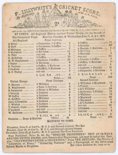 &lsquo;All England Eleven against United Eleven, for the Benefit of The Cricketers&rsquo; Fund)&rsquo; 1861. Early original double sided scorecard with complete printed scores for the match played at Lord&rsquo;s, 3rd- 5th June 1861. All England batted first, making only 74 with