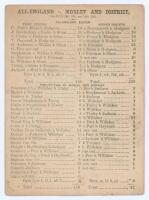 &lsquo;All-England v. [Twenty Two of] Morley and District&rsquo; 1862. Early original single sided scorecard with complete printed scores for the match played at Nelson Ground, Morley, 10th- 12th July 1862. All-England are depicted batting first and reaching 124, cap