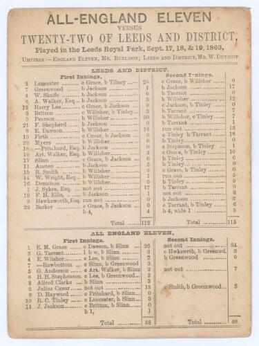 &lsquo;All-England Eleven versus Twenty-Two of Leeds and District&rsquo; 1863. Early original single sided scorecard with complete printed scores for the match played at Leeds Royal Park, 17th- 19th September 1863. Leeds batted first and reached 112, All-England&rsquo;s Jo