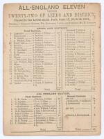 &lsquo;All-England Eleven versus Twenty-Two of Leeds and District&rsquo; 1863. Early original single sided scorecard with complete printed scores for the match played at Leeds Royal Park, 17th- 19th September 1863. Leeds batted first and reached 112, All-England&rsquo;s Jo