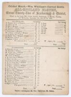 &lsquo;All-England Eleven versus Twenty-Two of Scarborough & District&rsquo; 1864. Early original single sided scorecard with complete printed scores for the match played at Castle Hill, Scarborough, 5th- 7th September 1864. All-England batted first and reached 114, 