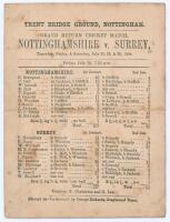 &lsquo;Grand Return Cricket Match. Nottinghamshire v. Surrey&rsquo; 1864. Early original single sided scorecard with complete printed scores for the match played at Trent Bridge, 28th- 30th July 1864. In an exciting and closely fought match Nottinghamshire, without P