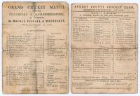 Yorkshire C.C.C. 1867 and 1869. Two early original scorecards with complete printed scores for Yorkshire matches played. One single sided scorecard for the &lsquo;Grand Cricket Match between Yorkshire & Cambridgeshire&rsquo; 1867, Wisbech, 15th- 17th July 1867, a low