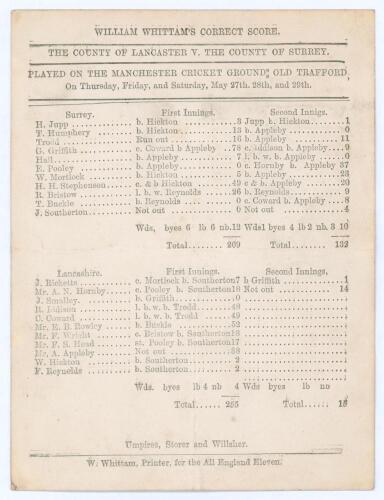 ‘The County of Lancaster [Lancashire] v. The County of Surrey’ 1869. Early original single sided scorecard with near complete printed scores for the match played at Old Trafford, Manchester, 27th- 29th May 1869. Electing to bat first, Surrey posted 209 wi