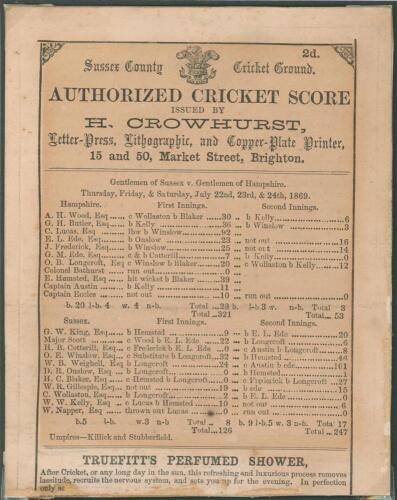 &lsquo;Gentlemen of Sussex v. Gentlemen of Hampshire&rsquo; 1869. Early original scorecard for the match played at the Royal Brunswick Ground, Hove, 22nd- 24th July 1869 with complete printed scores. Gentlemen of Hampshire batted first and made 321 with Charles Lucas