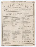 &lsquo;Surrey v. Gloucestershire&rsquo; 1875. Early original double sided scorecard for the match played at Kennington Oval, 7th & 8th June 1875. Scheduled for three days but completed in two, the scorecard with complete printed scores in a relatively low scoring and