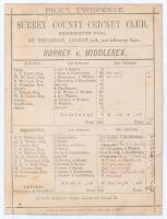 &lsquo;Surrey v. Middlesex&rsquo; 1875. Early original double sided scorecard with complete printed and handwritten scores in ink for the match played at Kennington Oval, 19th- 21st August June 1875. Surrey won the toss and batted first, making 293 with Walter Read, 