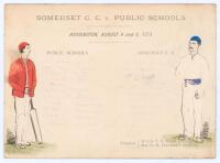 &lsquo;Somerset C.C. v. Public Schools&rsquo; 1879. Unusual early original double sided scorecard for a match at Horsington, 4th & 5th August 1879. The card with printed titles and umpires listed as Major T.R. Parr (Eton) and Mr. R.H. Hayward (Harrow), with hand draw