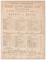 &lsquo;Surrey v. Notts.&rsquo; 1878. Early original double sided scorecard with complete printed scores for the match played at Kennington Oval, 26th- 28th August 1878. In a low scoring match played on a rain affected wicket, Nottinghamshire elected to bat first and 