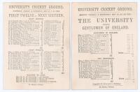 Cambridge University 1880. Two small early original single sided scorecards for matches played at the University Cricket Ground, Fenner&rsquo;s. One for the pre-season match, &lsquo;First Twelve v. Next Sixteen&rsquo;, 6th- 8th May 1880, in which the First XII won by 41 ru