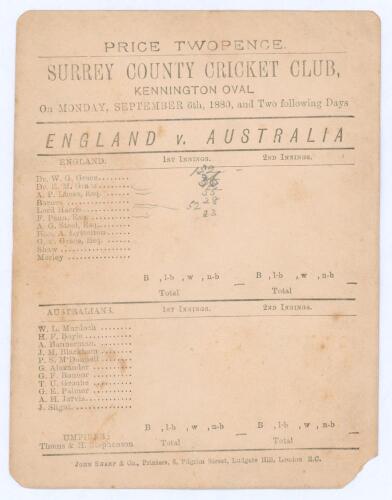 First Test Match in England. England v. Australia 1880. Early and rare original single sided scorecard for the match played at Kennington Oval, 6th- 8th September 1880. The scorecard with the players listed for the start of play and incomplete scores for 